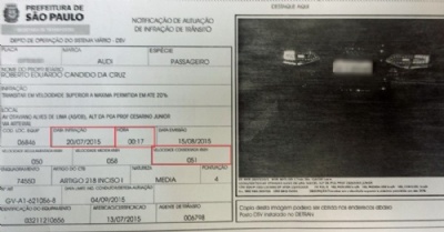  Carro  multado na Marginal Tiet aos 17 minutos do incio do novo limite Notificao da infrao mostra que o condutor estava a 51 km/h (velocidade considerada) na pista local da Marginal Tiet (Foto: arquivo pessoal/Roberto Eduardo Cndido da Cruz)