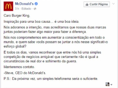 Burger King abre unidade no local onde McDonald's mais fatura no Brasil Resposta do McDonald's no Facebook para a proposta do Burger King (Foto: Reproduo/Facebook)