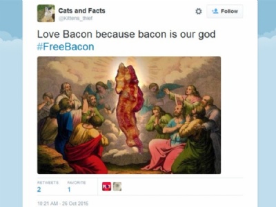  Amantes do bacon inundam redes sociais com #FreeBacon aps alerta 'Amo bacon porque bacon  nosso deus', publicou usurio do Twitter nesta segunda-feira (Foto: Reproduo/Twitter/Cats and Facts)