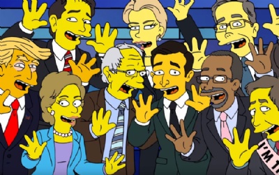Candidatos  presidncia dos EUA cantam e brigam em 'Os Simpsons' Pr-candidatos republicanos e democratas cantam juntos em cena de 'Os Simpsons' (Foto: Reproduo/Youtube)