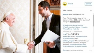 Papa Francisco ter conta no Instagram Encontro entre o papa Francisco e Kevin Systrom, CEO do Instagram, aconteceu no Vaticano. (Foto: Reproduo / Instagram / newsva)