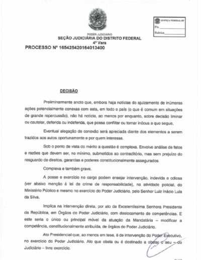 Juiz federal do DF suspende posse de Lula na Casa Civil Primeira pgina da liminar (Foto: Reproduo)