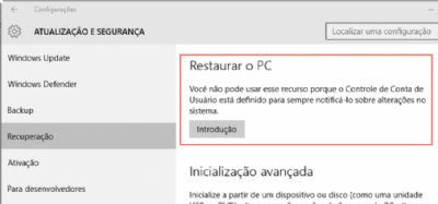 Reinstalao do Windows e aviso para baixar antivrus Restaurao do PC no Windows 10. Ignore a mensagem sobre no poder usar o recurso e clique em 