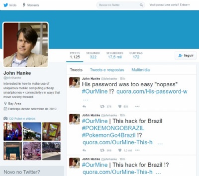 Hackers dedicam invaso do Twitter de criador de 'Pokmon Go'' ao Brasil Perfil de John Hanke no Twitter com mensagens deixadas pelo grupo OurMine. (Foto: Reproduo)
