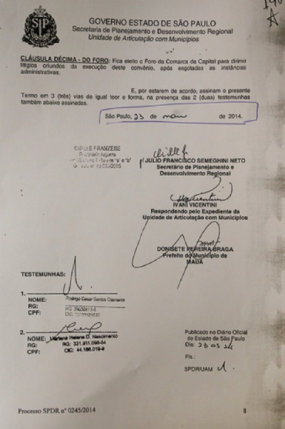 Em vdeo, tila diz que garantiu verba, mas nem era deputado Documento do governo do Estado em que mostra assinatura de convnio em 23 de maio de 2014. Foto: Reproduo 
