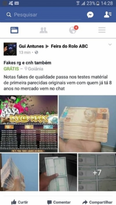 Publicao em redes sociais vende dinheiro e documentos falsos Anncio tambm vendia documentos falsos. Foto: Reproduo