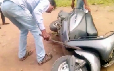 Cobra venenosa fica presa em motor de scooter na ndia Cobra venenosa ficou presa em motor de scooter na ndia (Foto: Ruptly TV) 
