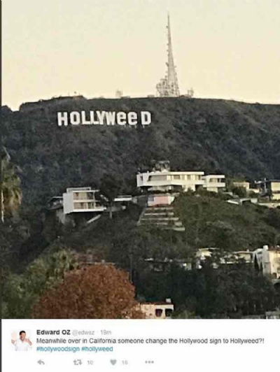 Placa de Hollywood amanhece com nome mudado para trocadilho com maconha Placa de Hollywood teve nome mudado para Hollyweed na virada de 2016 para 2017 (Foto: Reproduo/Twitter/@edwoz) 