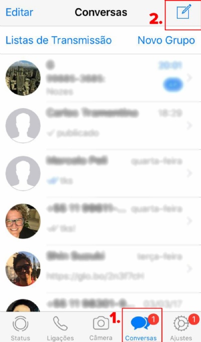 Status do WhatsApp? Cad a lista de contatos? Onde posso escrever ''Ocupado''?  No iPhone, lista de contatos pode ser acessada clicando no cone de conversas (1.) e depois em nova mensagem (2.) (Foto: Reproduo/G1) 