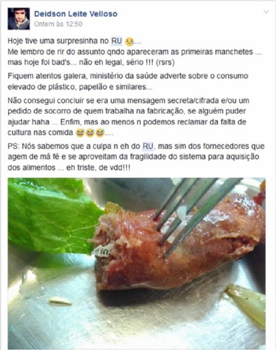 Estudante encontra papel dentro de linguia servida em restaurante da UFSCar Postagem feita em grupo de alunos da UFSCar (Foto: Reproduo/Facebook) 