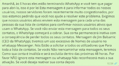 WhatsApp diz que aplicativo, aps dia com servidores sobrecarregados, vai ser pago? No  verdade! Foto: Reproduo/ WhatsApp