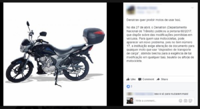 Portaria do Denatran probe motos de usar ba? No  verdade! Pessoas passaram a compartilhar portaria como se ela proibisse qualquer moto de portar ba (Foto: Reproduo/Facebook) 