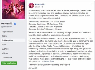  Vocalista do Aerosmith, Steven Tyler passa mal e cancela show em Curitiba A banda lamentou o cancelamento dos shows, no Facebook (Foto: Reproduo/Facebook) 