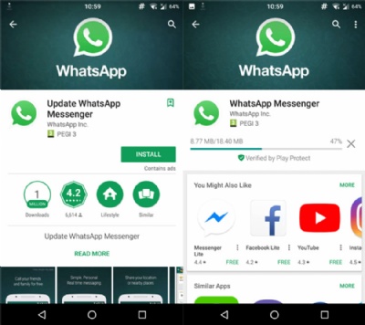 Como saber a origem de vdeos, SMS e aplicativos falsos: pacoto WhatsApp falso (esquerda) e legtimo (direita) no Google Play. (Foto: E_x_Lnc/Reddit/Reproduo)